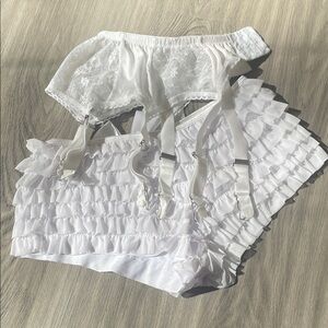 White Ruffle Shorts Bloomers and Lace Garter Belt Set